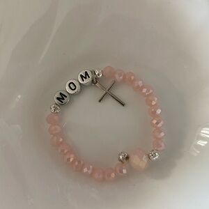 Chic Pink Beaded Bracelet with Silver 'MOM' and Cross Charm